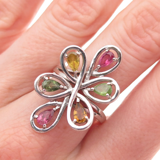925 Sterling Silver Vintage Real Multi-Color Tourmaline Floral Ring Size 7.75