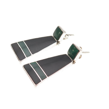 980 Silver Vintage Real Black Onyx & Malachite Modernist Dangle Earrings