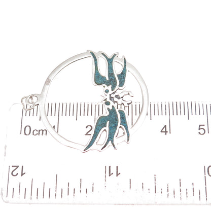 925 Sterling Silver Vintage Real Turquoise Inlay Swallow Birds Charm Pendant