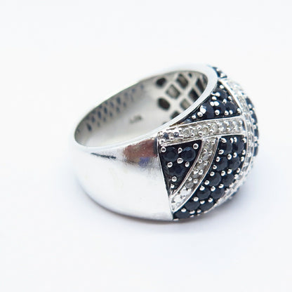 925 Sterling Silver Real White & Blue Diamond Wide Ring Size 6.75