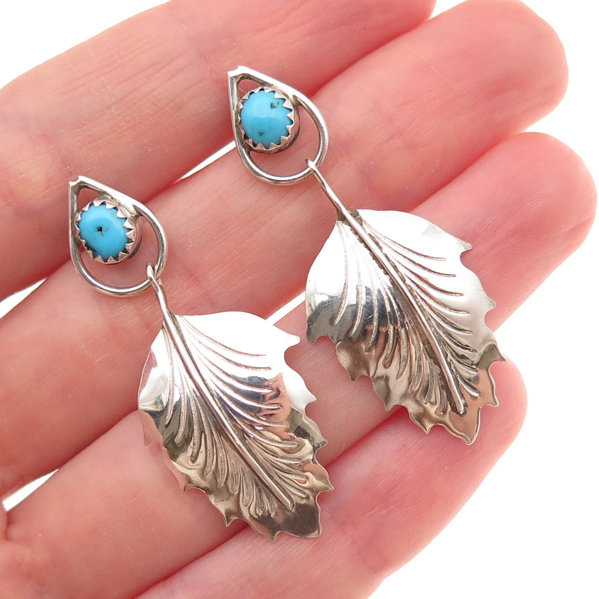 Old Pawn Sterling Silver Vintage Southwestern Turquoise Floral Dangle Earrings