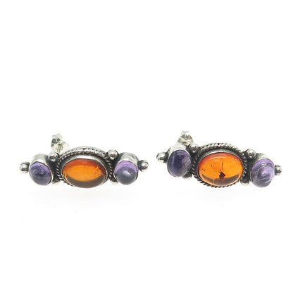 925 Sterling Silver Vintage Real Cabochon Amber & Amethyst Earrings