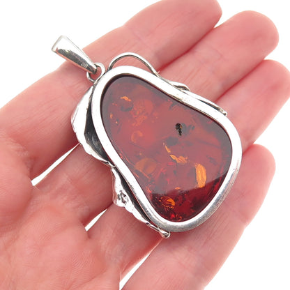 925 Sterling Silver Vintage Real Amber Modernist Floral Oxidized Pendant