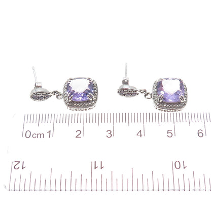 925 Sterling Silver Real Diamond Accent & Amethyst Dangle Earrings