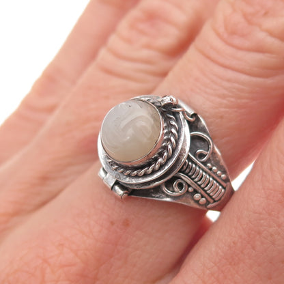 925 Sterling Silver Vintage Real Moonstone Goddess Poison Ring Size 7.5