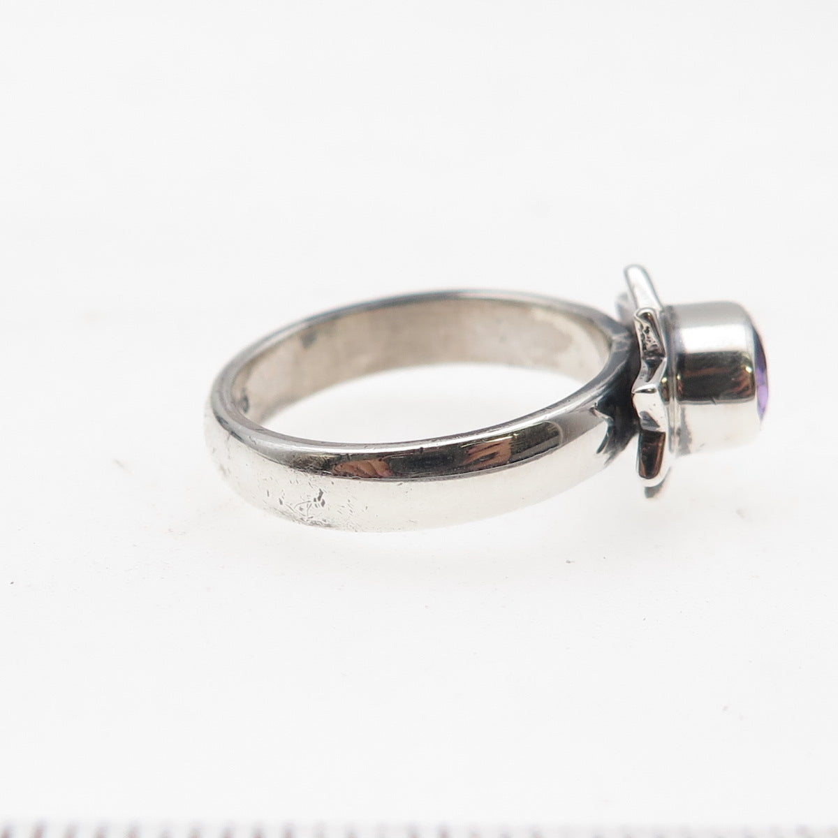 925 Sterling Silver Vintage Real Amethyst Modernist Sun Oxidized Ring Size 7.75