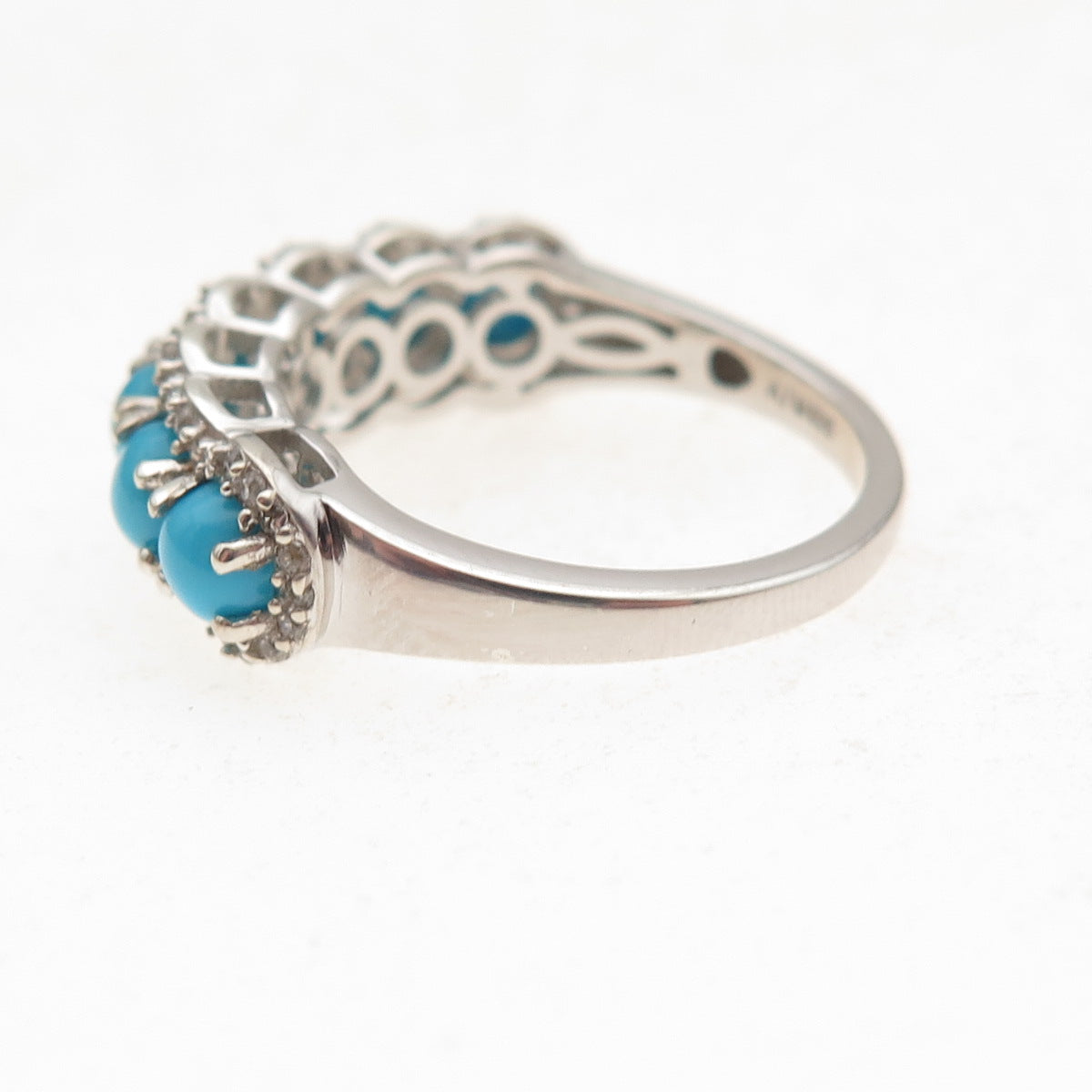 925 Sterling Silver Real Sleeping Beauty Turquoise & White Topaz Ring Size 8