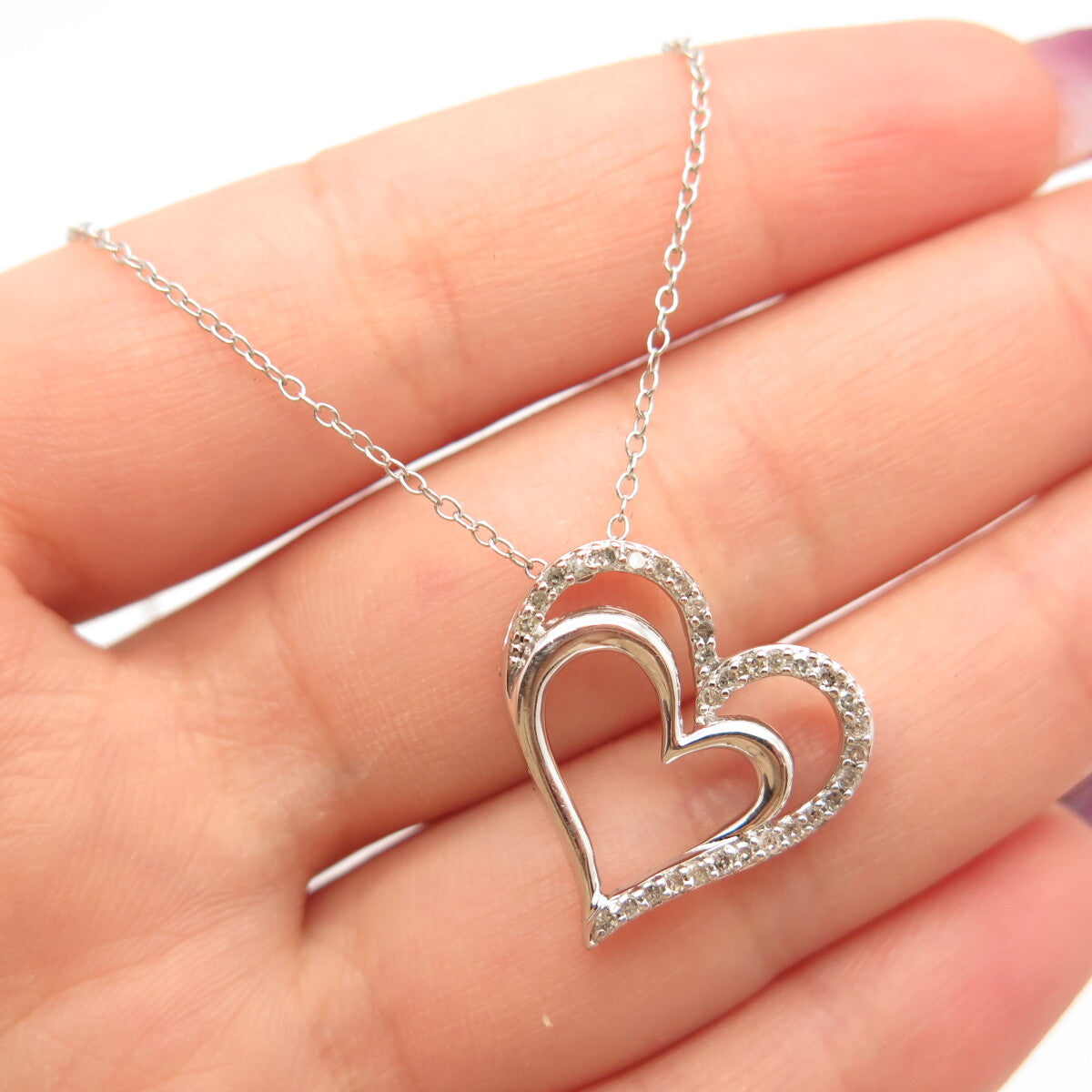 925 Sterling Silver SUN Real Diamond Open Heart Pendant Rolo Chain Necklace 16"