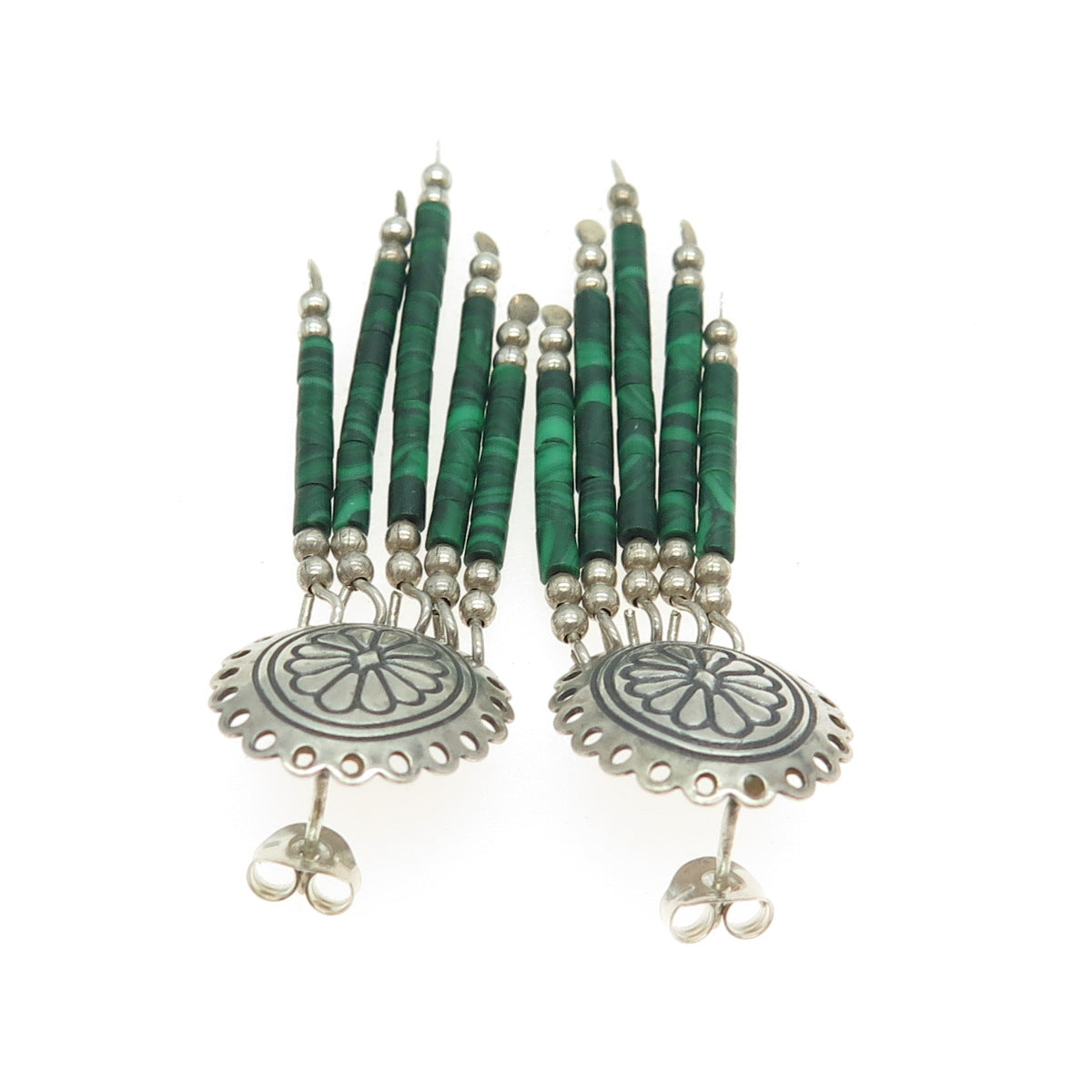 925 Sterling Silver Vintage Real Malachite Gemstone Tribal Dangling Earrings