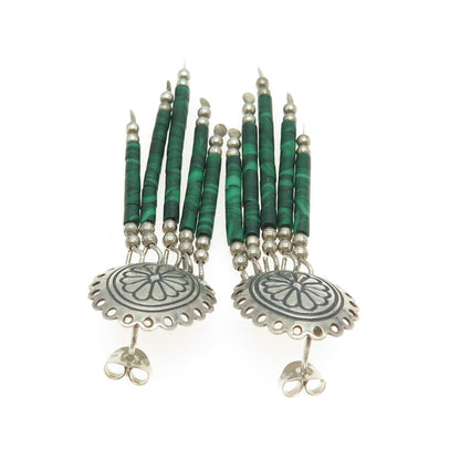 925 Sterling Silver Vintage Real Malachite Gemstone Tribal Dangling Earrings