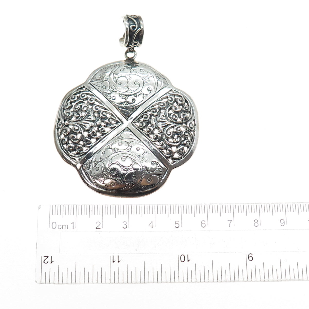 925 Sterling Silver Vintage Engraved Flower Ornate Oxidized Large Pendant