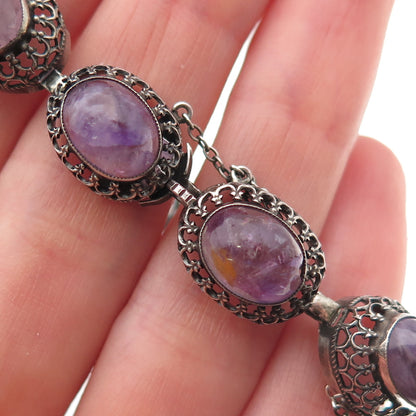 925 Sterling Silver Antique Art Deco Germany Real Amethyst Bracelet 6.75"