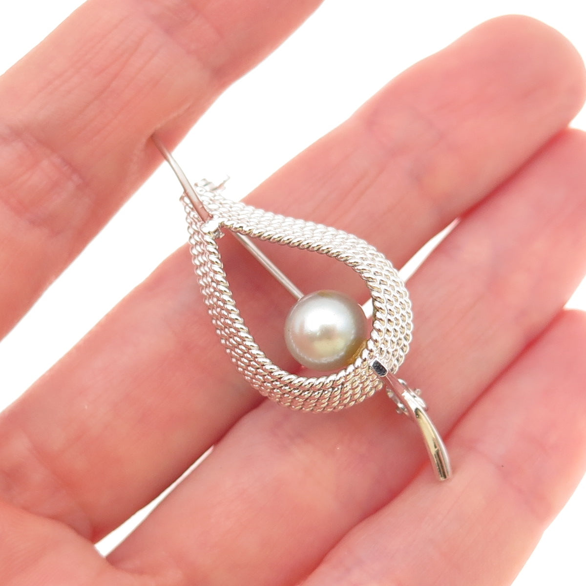 925 Sterling Silver Vintage Real Pearl Modernist Floral Pin Brooch