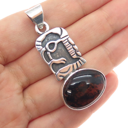925 Sterling Silver Vintage Real Amber Aztec Symbol Oxidized Charm Pendant