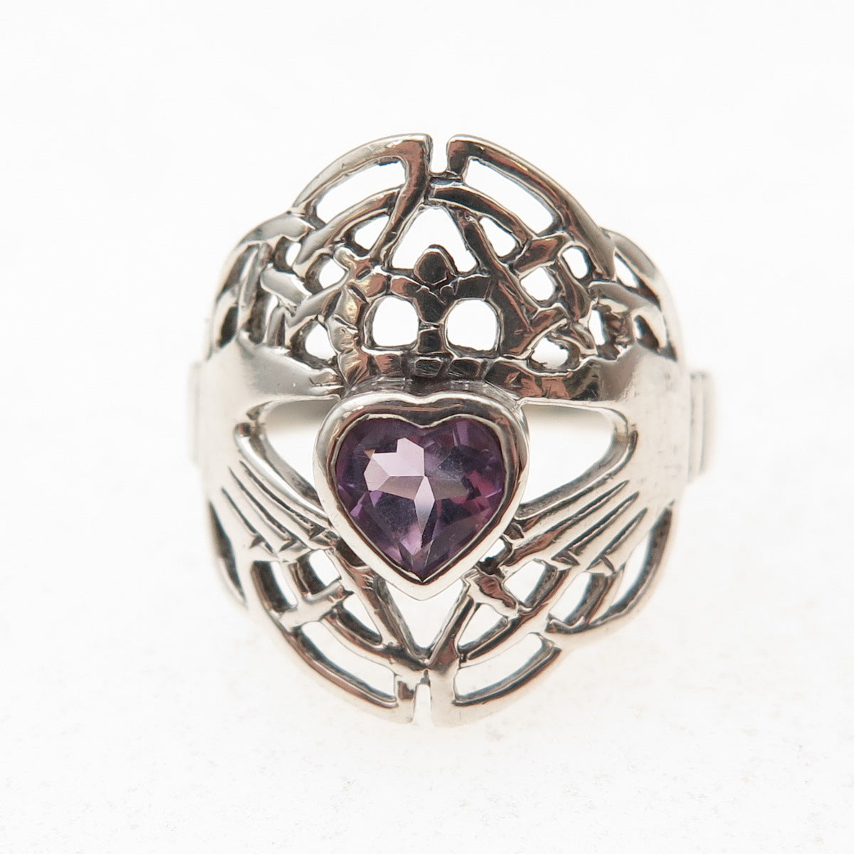 Peter Stone 925 Sterling Silver Vintage Real Amethyst Irish Claddagh Ring Size 6