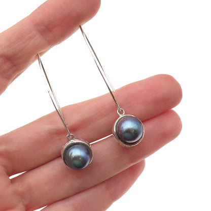 Collins 925 Sterling Silver Vintage Real Tahitian Pearl Dangle Earrings