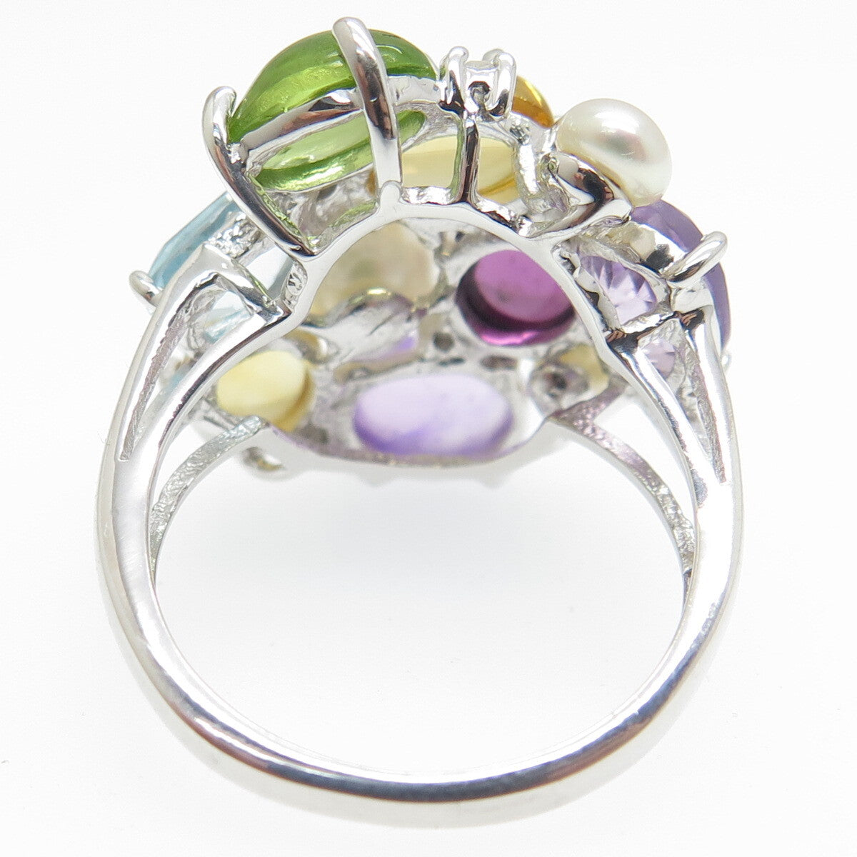 925 Sterling Silver Diamond Pearl Amethyst Citrine Peridot & Topaz Ring Size 7.5