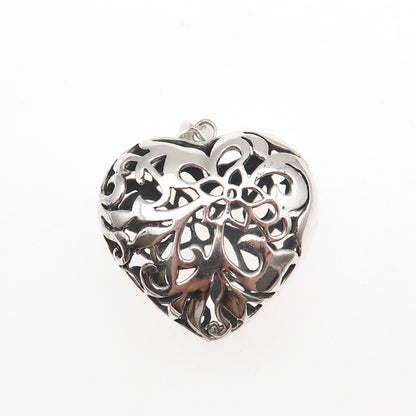 925 Sterling Silver Vintage Floral Heart Oxidized Charm Pendant