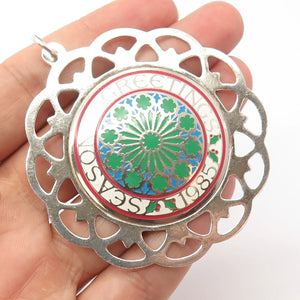 925 Sterling Silver Vintage Lunt Enamel Season Greetings 1985 Frame Pendant