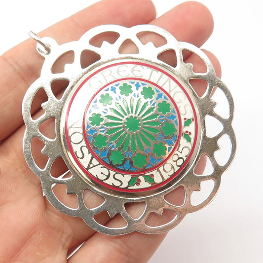 925 Sterling Silver Vintage Lunt Enamel Season Greetings 1985 Frame Pendant