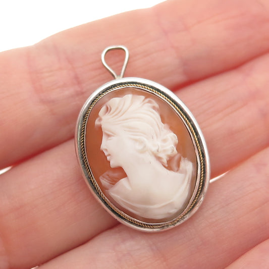 800 Silver 2-Tone Vintage Real MOP Carved Lady Cameo Pin Brooch / Pendant