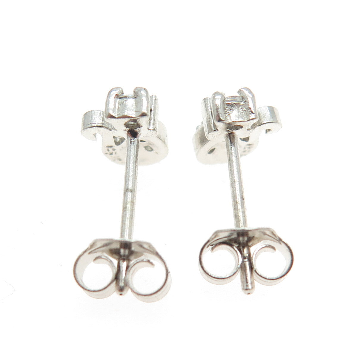 925 Sterling Silver Round-Cut Shaped C Z Cat / Kitty Stud Earrings