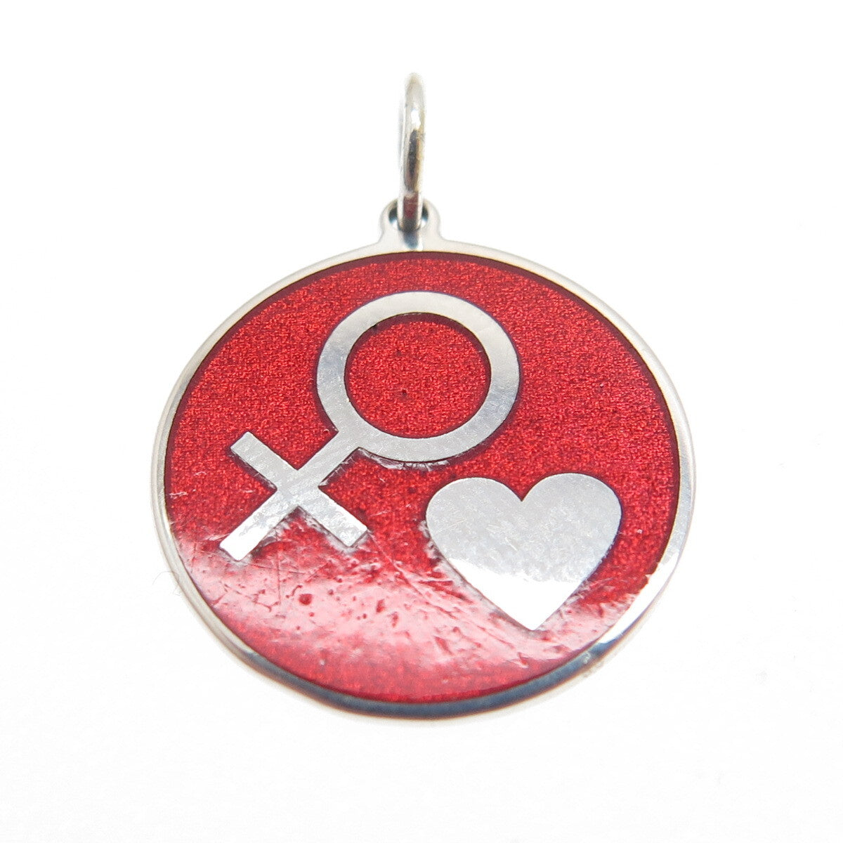 925 Sterling Silver Red Enamel Female Sign & Heart Minimalist Charm Pendant