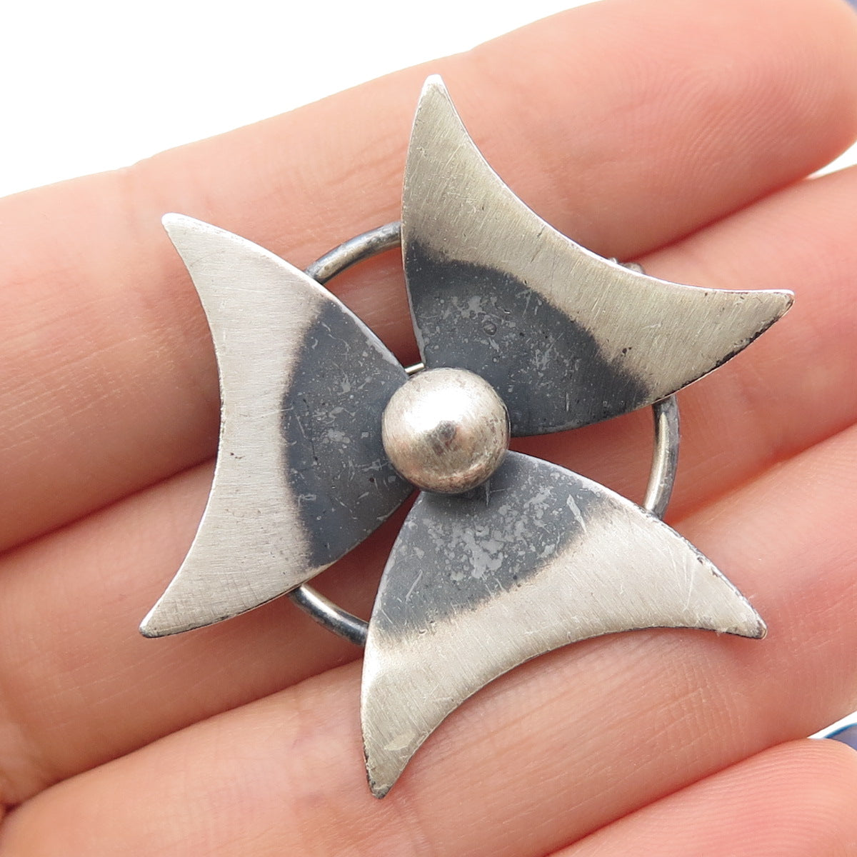 JEWELART 925 Sterling Silver Vintage Modernist Flower Oxidized Pin Brooch