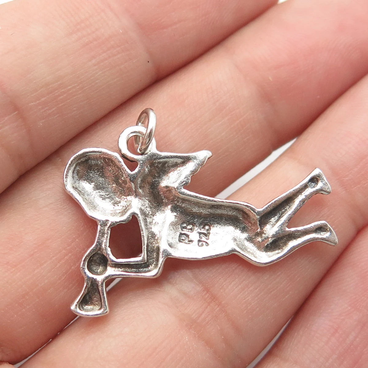 925 Sterling Silver Vintage Cherub & Horn Repousse Pendant