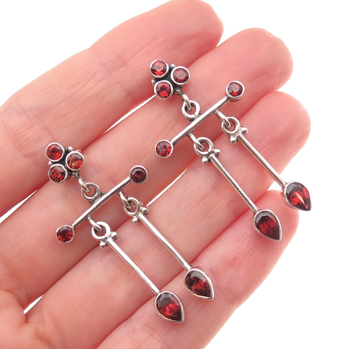 925 Sterling Silver Vintage Real Red Garnet Modernist Dangle Earrings