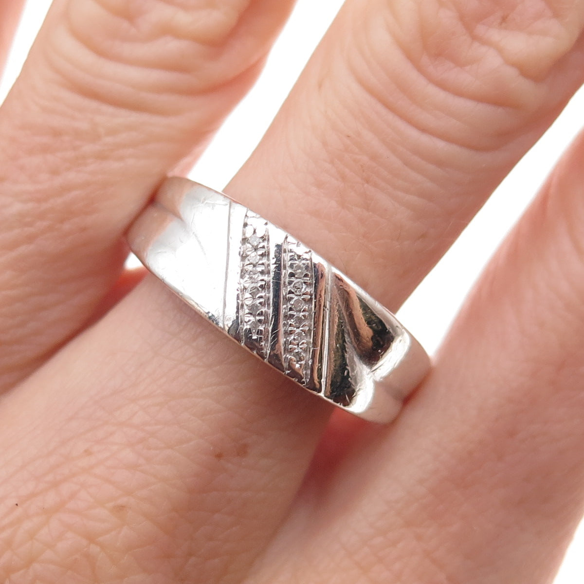 925 Sterling Silver Real Round-Cut Diamond Ring Size 10.5