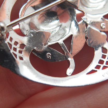 925 Sterling Silver Antique Art Deco Marcasite Gem Couple of Roses Pin Brooch