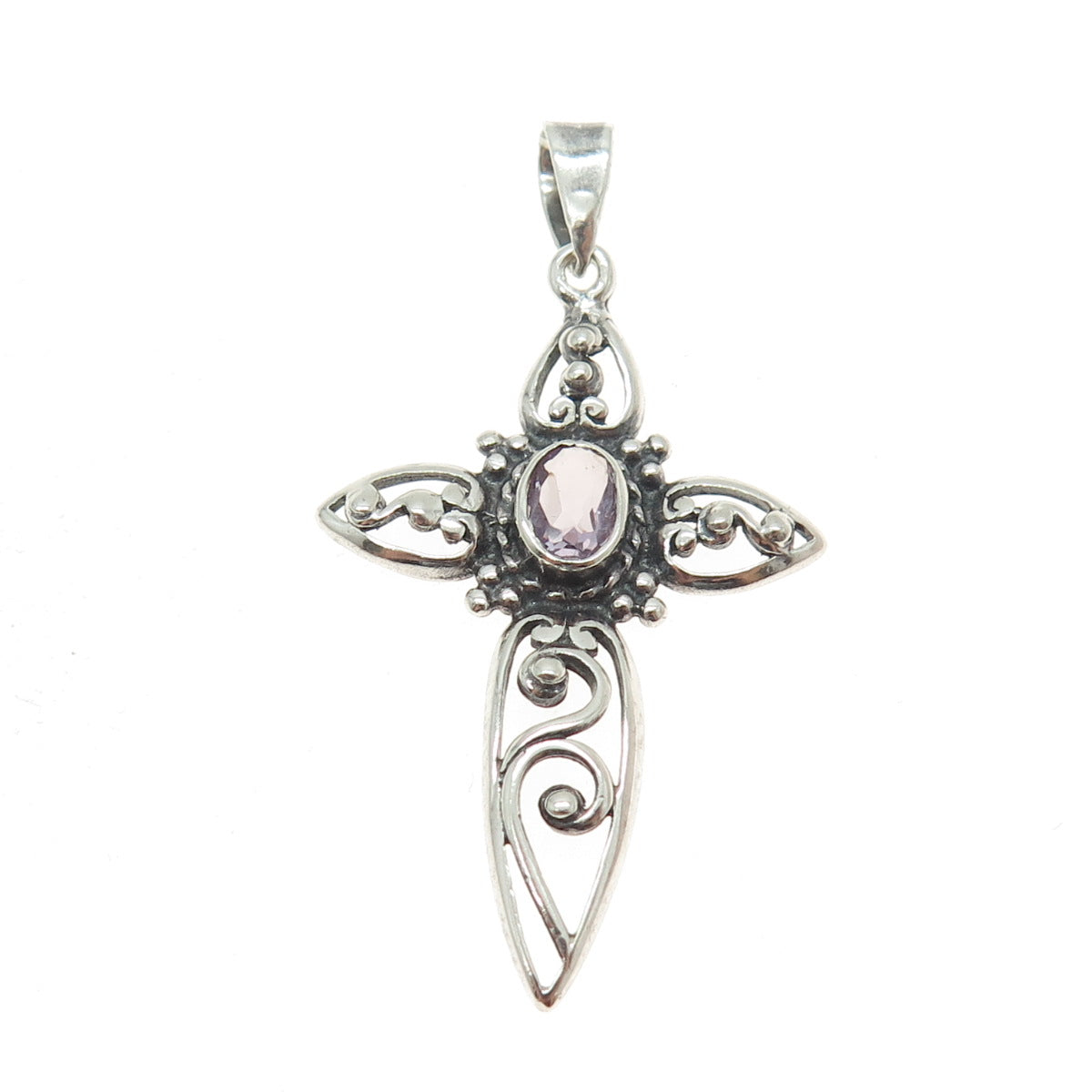 925 Sterling Silver Vintage Real Amethyst Gemstone Cross Pendant