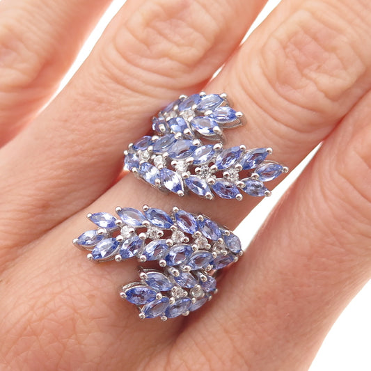 925 Sterling Silver Real Tanzanite & White Topaz Floral Adjustable Ring Size 8