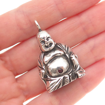 925 Sterling Silver Vintage Real Ruby Laughing Buddha Oxidized 3D Pendant