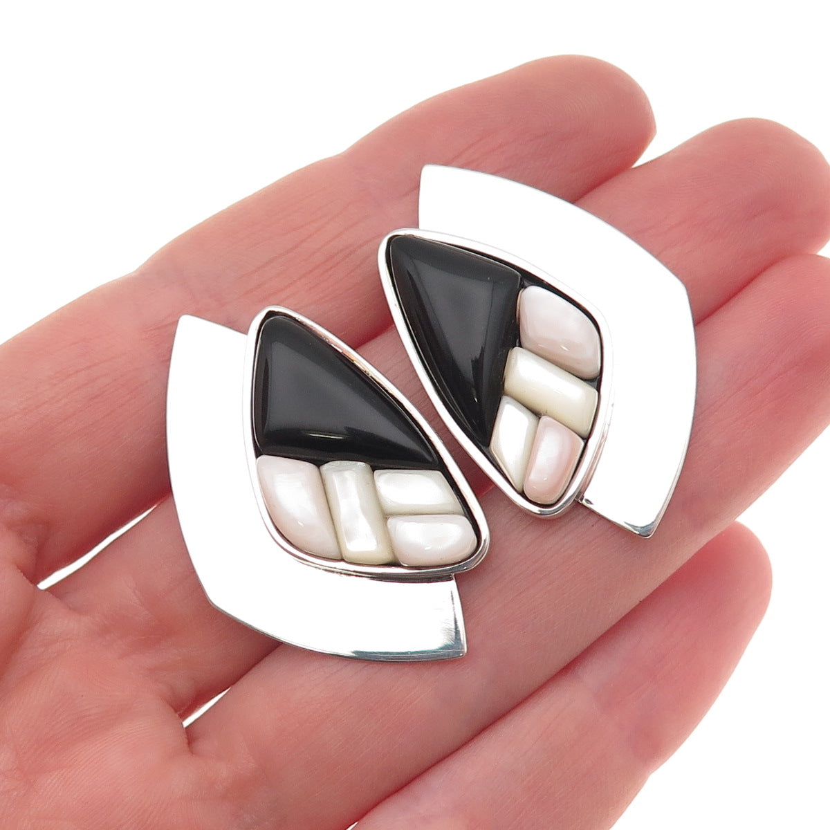 Jay King Desert Rose 925 Sterling Vintage Real Black Onyx MOP Modernist Earrings