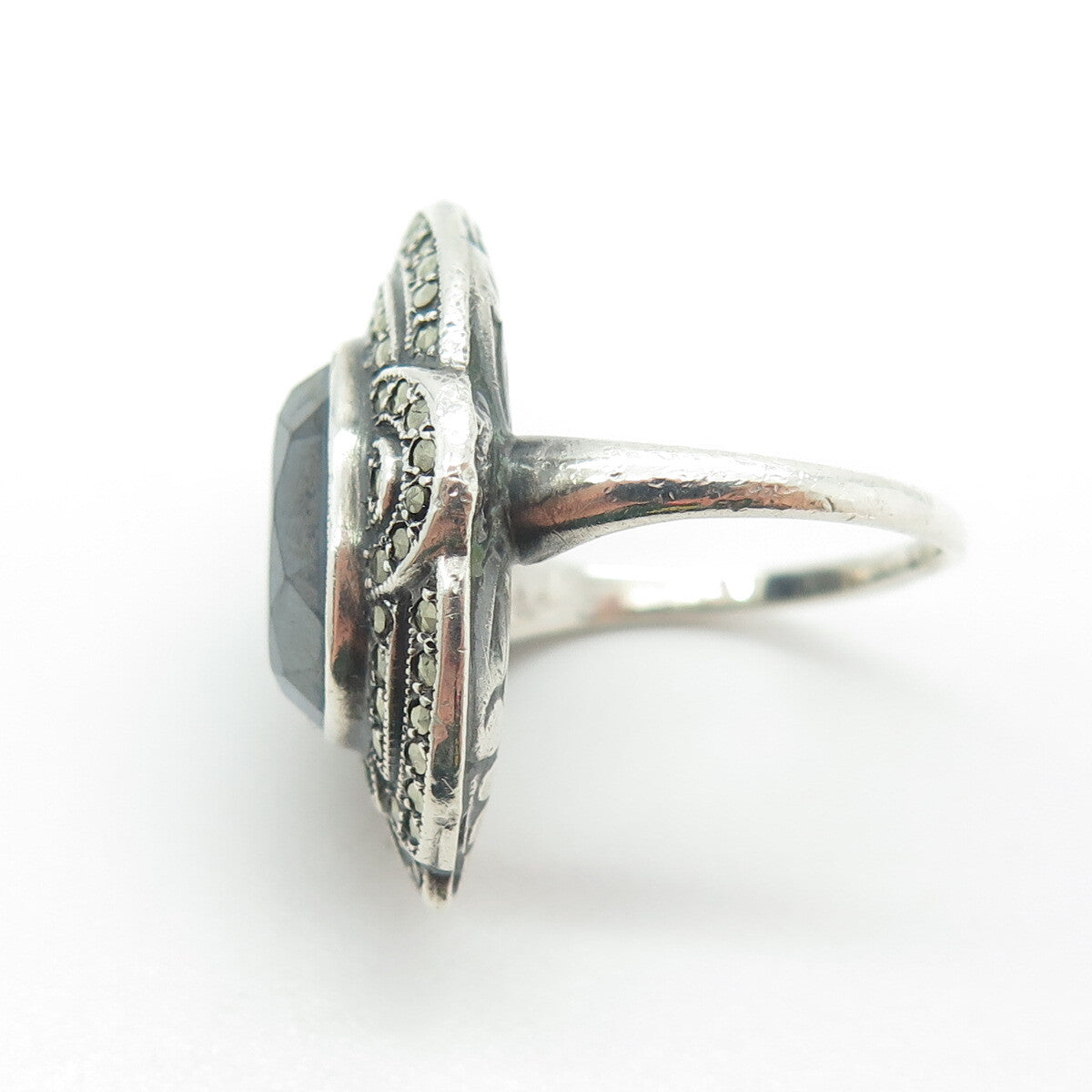 UNCAS 925 Sterling Silver Antique Real Hematite & Marcasite Gem Ring Size 6.25