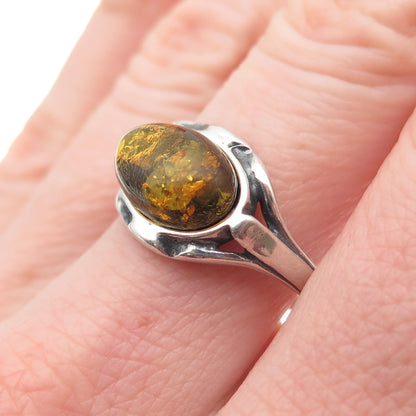925 Sterling Silver Vintage Real Amber Modernist Oxidized Ring Size 9