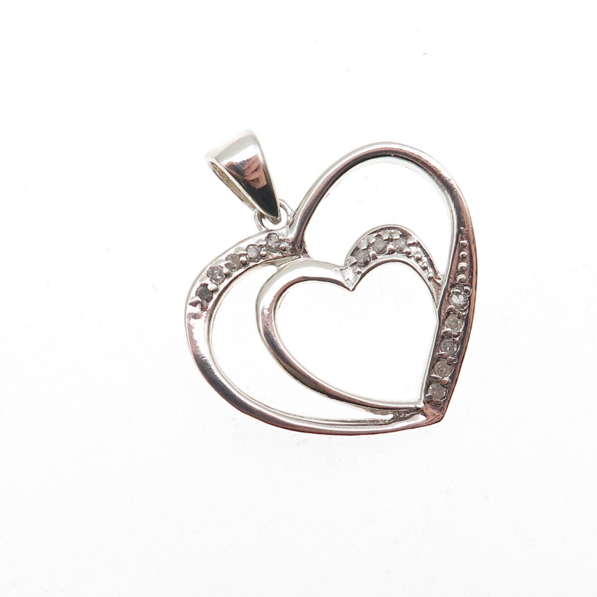 925 Sterling Silver Real Round-Cut Diamond Double Heart Charm Pendant