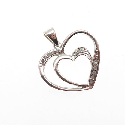925 Sterling Silver Real Round-Cut Diamond Double Heart Charm Pendant