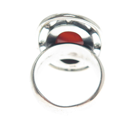 925 Sterling Silver Vintage Real Carnelian Modernist Oxidized Ring Size 8.75