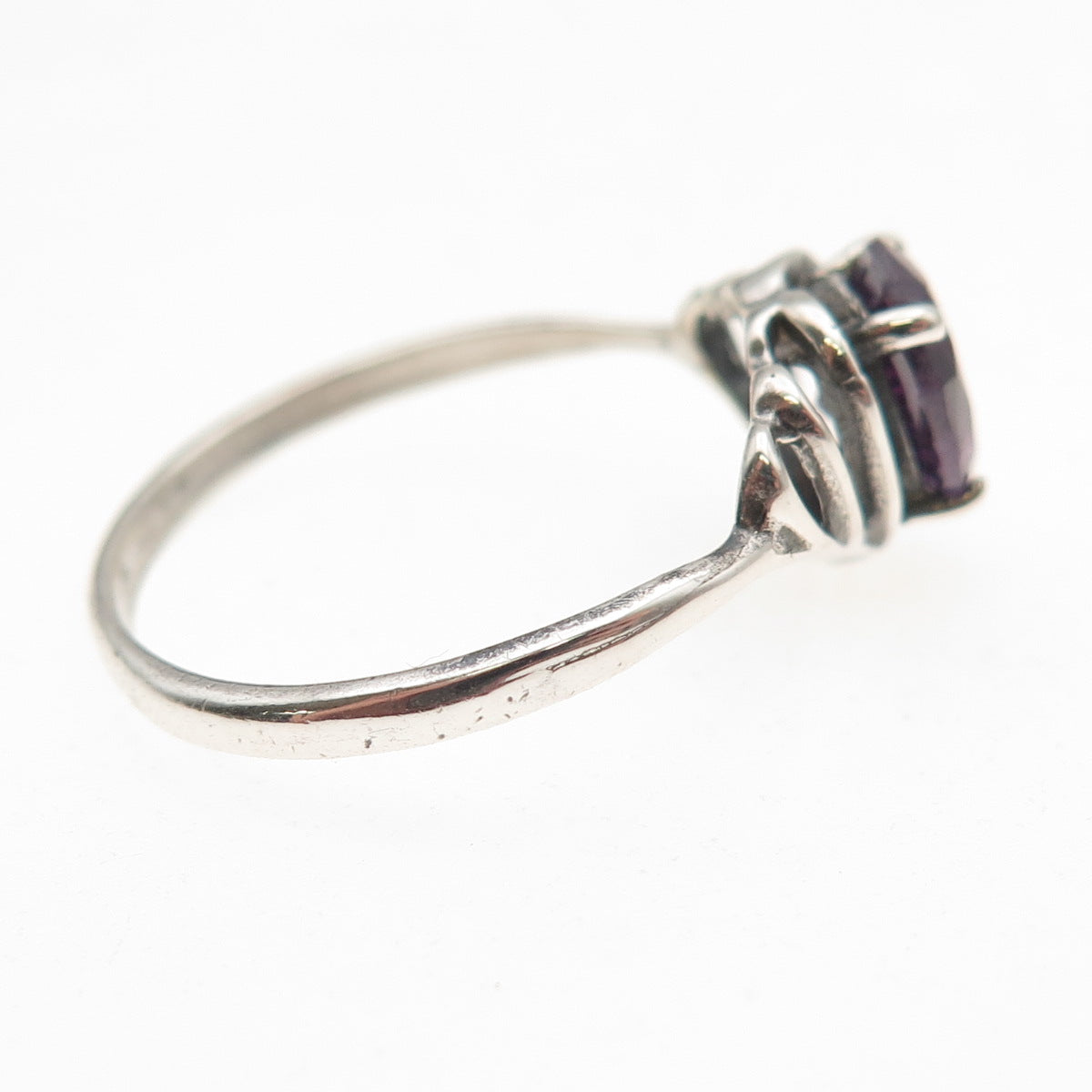 925 Sterling Silver Vintage Real Oval-Cut Amethyst Heart Oxidized Ring Size 9.25