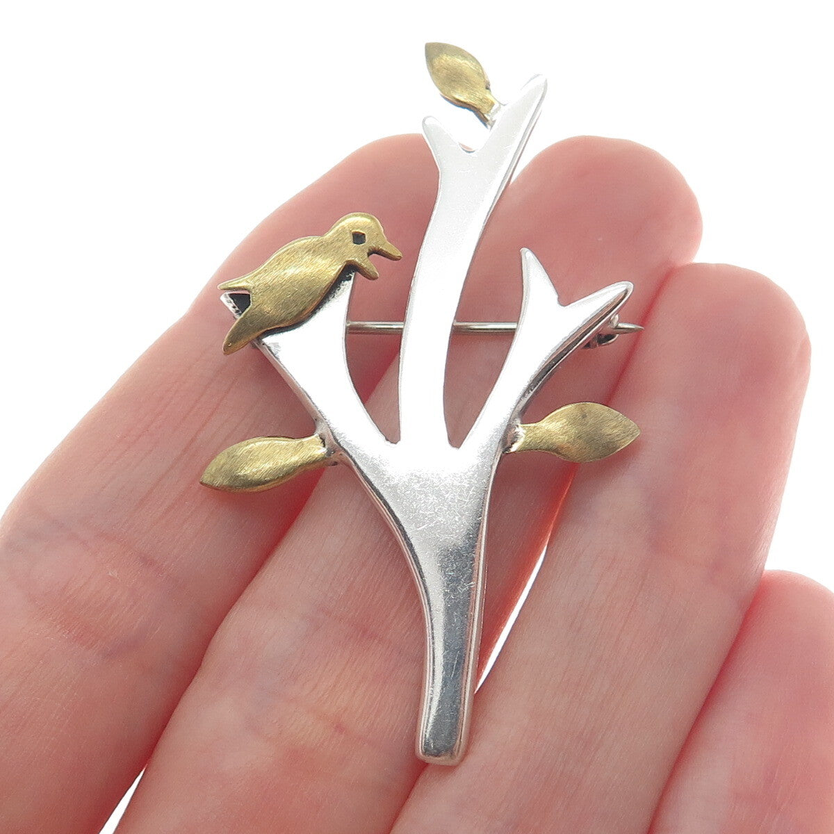 925 Sterling Silver 2-Tone Vintage Mexico Bird on the Tree Pin Brooch