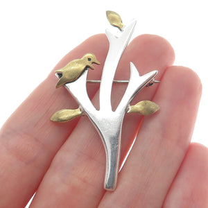 925 Sterling Silver 2-Tone Vintage Mexico Bird on the Tree Pin Brooch