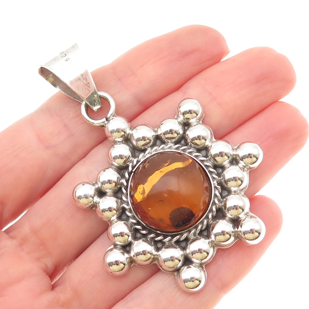 925 Sterling Silver Vintage Mexico Real Amber Modernist Beaded Pendant