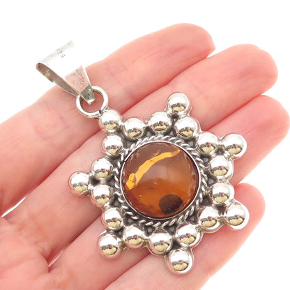 925 Sterling Silver Vintage Mexico Real Amber Modernist Beaded Pendant
