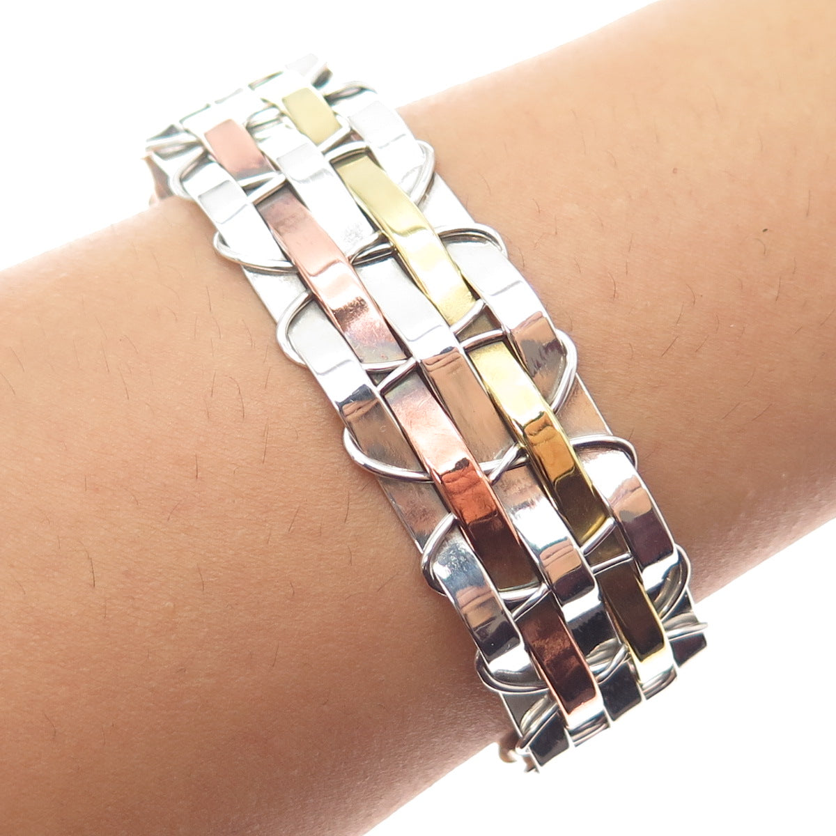 925 Sterling Silver 3-Tone Vintage Mexico Modernist Adjustable Bracelet 6.75"