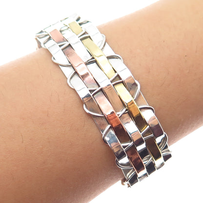 925 Sterling Silver 3-Tone Vintage Mexico Modernist Adjustable Bracelet 6.75"