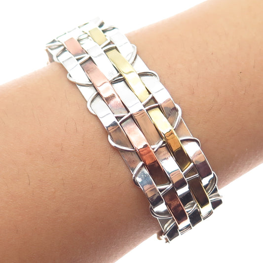 925 Sterling Silver 3-Tone Vintage Mexico Modernist Adjustable Bracelet 6.75"