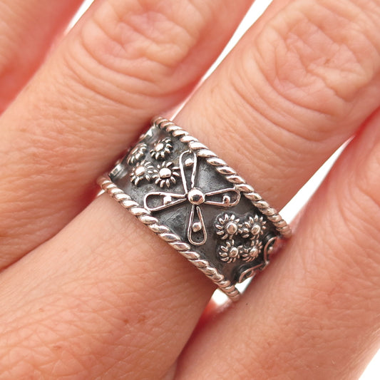 925 Sterling Silver Vintage Mexico Floral Cannetille Oxidized Band Ring Size 7.5